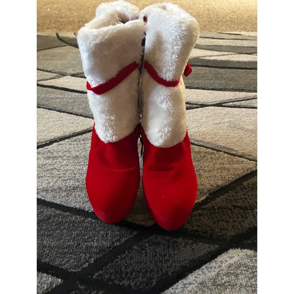 Red Velvet Christmas Platform Ankle Boots Faux Fur Trim Bow Detail EU 37